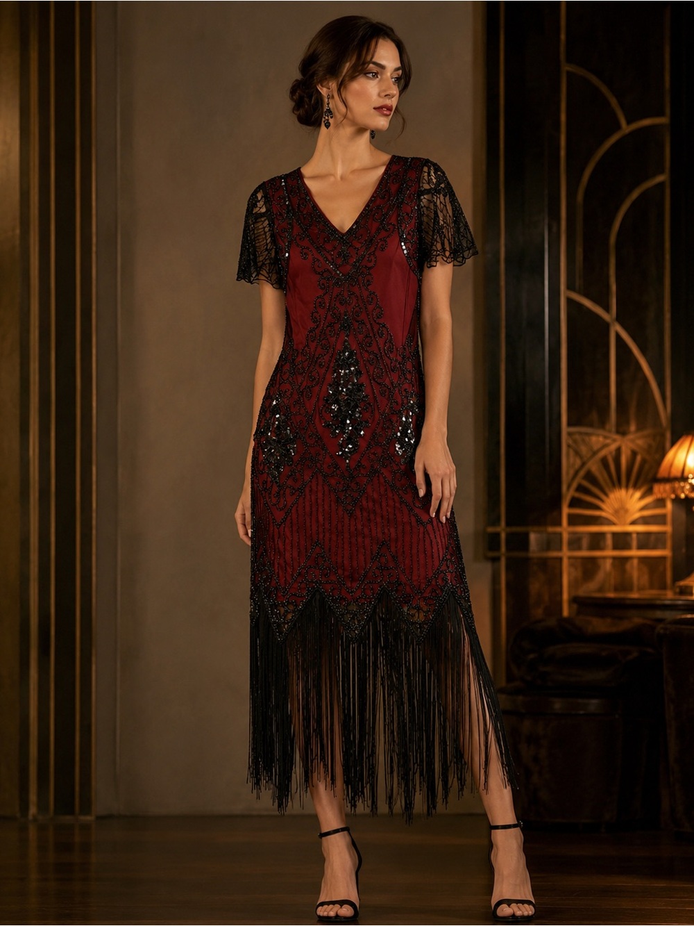 1920s Gatsby Art Deco Beaded Fringe Flapper Dress Burgundy Black Small